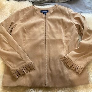 Suede like zip front jacket with fringe cuffs size small
